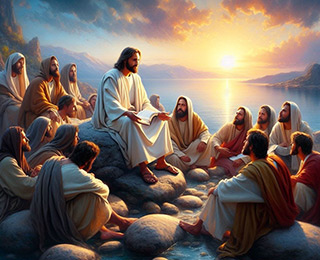 Image représentant Jésus assis au milieu de ses disciples sur une grande pierre au bord d’un lac. Il tient un livre dans ses mains. Ses disciples semblent l’écouter. Huitième image de la galerie située en bas de la page Accueil du site de la Confrérie Céleste du Christ, une confrérie qui réunit des frères et des sœurs qui ont décidé par leur choix de vie de répondre à la mission donnée par le Christ par la bouche de Jésus à ses disciples.
