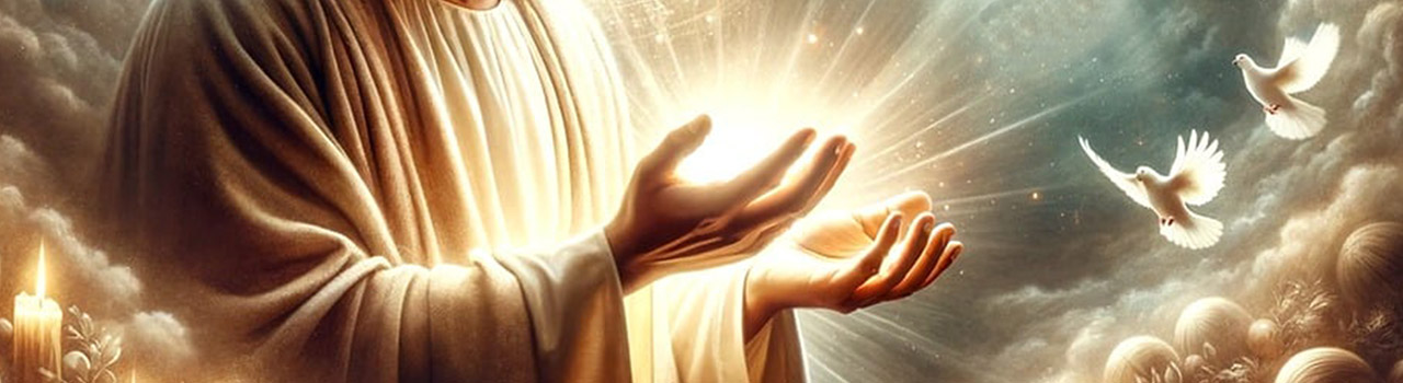 Image représentant les deux mains de Jésus, paumes tournées vers le haut et tenant une boule de lumière étincelante. Des colombes blanches semblent venir vers Jésus. Jésus et les colombes sont dans la lumière. Ils sont entourés de nuées plutôt sombres. Cette image symbolise la rubrique Nos activités / Livres du site de la Confrérie Céleste du Christ. Les ouvrages présentés illustrent le chemin de Lumière, d'Amour et de Paix que Jésus nous a montré.