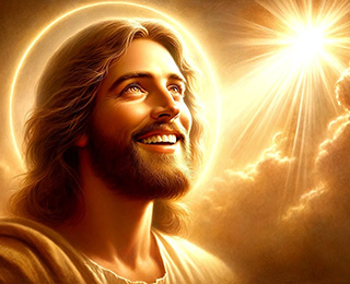 Image représentant Jésus de trois quart, souriant et heureux, regardant sur la gauche en haut la lumière resplendissante dans le ciel, sa tête étant elle-même dans un halo de lumière. Quatrième image de la galerie située en bas de la page Accueil du site de la Confrérie Céleste du Christ.