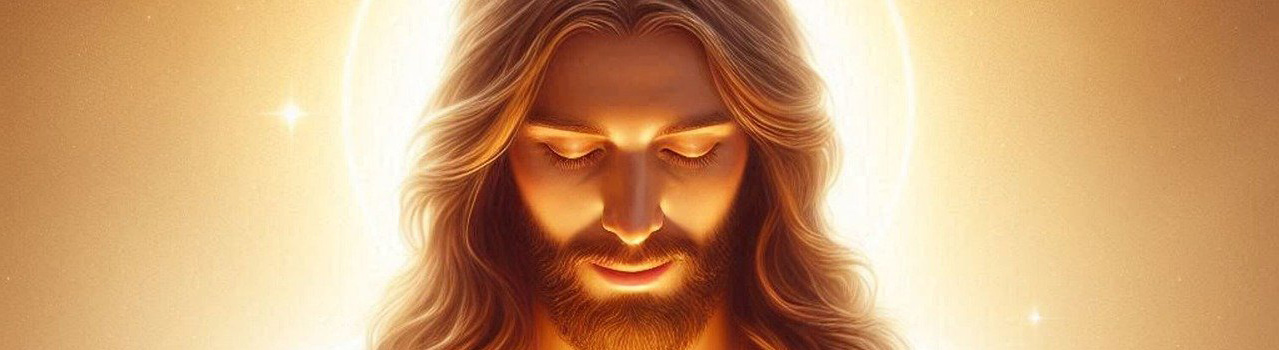 Image représentant Jésus de face, la tête baissée devant un halo de lumière, les yeux fermés, dans un moment de profond recueillement. Cette image symbolise la rubrique Nos activités / Prières du site de la Confrérie Céleste du Christ. Découvrez les prières révélées par la Sainte Mère Marie, Jésus, Jacques et Jean le Baptiste, transmises à notre frère pour nourrir votre cheminement spirituel. Explorez ces enseignements profonds et inspirants.