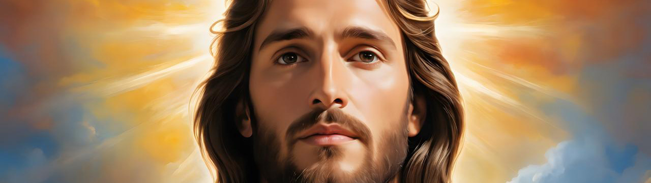 Image représentant le visage de Jésus, de face, sur un fond coloré, bleu, jaune et orange. Des rayons de Lumière s’échappent d’une source de Lumière que l’on ne voit pas et qui est placée derrière la tête de Jésus. Cette image symbolise la rubrique Nos activités / Psaumes Vivants - Audios du site de la Confrérie Céleste du Christ. Les audios rassemblés dans cette rubrique sont des enregistrements des Psaumes Vivants de Jésus révélés à un de nos frères.