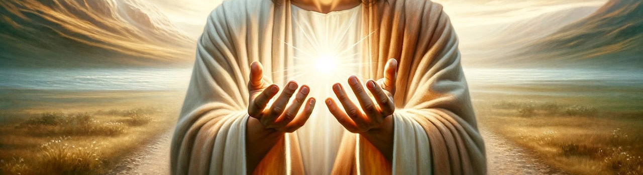 Image représentant les deux mains de Jésus se tenant de face, paumes tournées vers le haut, portant une boule de lumière blanche, d’où sortent des rayons. Jésus est sur un chemin dans une prairie. Cette image symbolise la rubrique Soins / Soins pour les animaux du site de la Confrérie Céleste du Christ. Découvrez nos soins énergétiques selon l'enseignement de Jésus et témoignant de l'amour et du respect envers toute la Création.