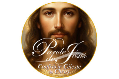 Image représentant Jésus de face dans un médaillon. Seul son visage à partir du dessus de ses sourcils jusqu’au bas du cou est visible. L’Ensemble est représenté dans des tons jaunes chauds. En bas de l’image est écrit en deux polices différentes en blanc : Parole de Jésus et Confrérie Céleste du Christ. Parole de Jésus est le nom de la nouvelle chaine YouTube de la Confrérie Céleste du Christ.