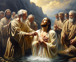 Image représentant le baptême de Jésus par Jean le Baptiste dans les eaux du Jourdain. Troisième image de la galerie située en bas de la page Accueil du site de la Confrérie Céleste du Christ, une confrérie qui réunit des frères et des sœurs qui ont décidé par leur choix de vie de répondre à la mission donnée par le Christ par la bouche de Jésus à ses disciples.