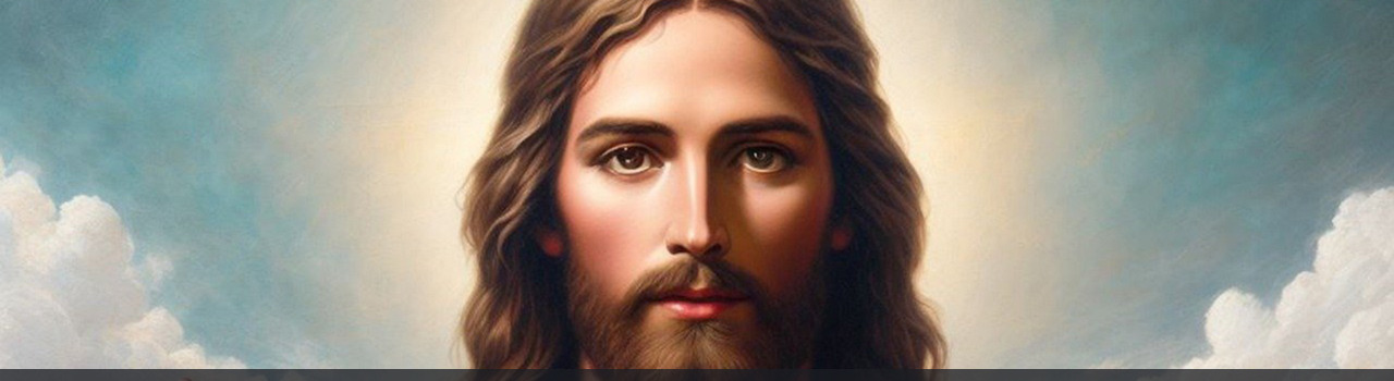 Image représentant Jésus de face, avec un halo de lumière autour de sa tête, sur un fond de ciel bleu avec des nuages blancs sur les côtés. Cinquième photo du diaporama situé en haut de la page Accueil du site de la Confrérie Céleste du Christ.