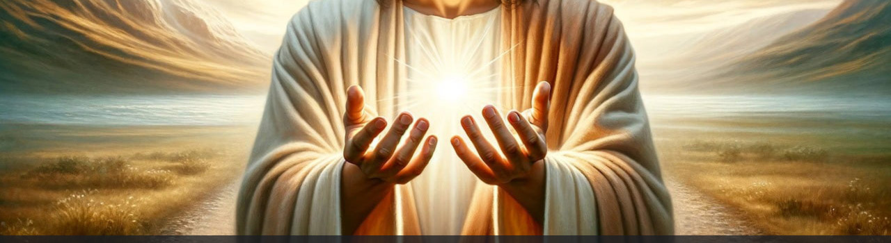 Image représentant les deux mains de Jésus se tenant de face, paumes tournées vers le haut, portant une boule de lumière blanche, d’où sortent des rayons lumineux. Jésus est sur un chemin dans une prairie. Cette image symbolise la rubrique Soins / Soins pour les personnes du site de la Confrérie Céleste du Christ. Découvrez nos soins énergétiques selon l'enseignement de Jésus et témoignant de l'amour et du respect envers toute la Création.